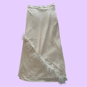 Hutch Cream Asymmetrical Skirt with Feather Trim